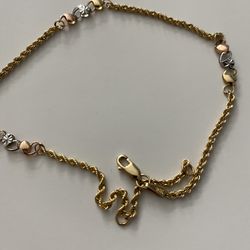 10K Gold, silver and rose gold anklet/ bracelet (10 in)
