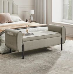 Storage Bench with Armrests, Ottoman with Storage for Living Room, Bedroom, Entryway, Living Room, Steel Legs, Camel Brown ULOM072K03