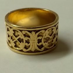 14 Kt Yellow Gold Ring Filigree Design Ring Cigar Band 11.3 mm Thick Solid Heavy Ring Pinky Ring 