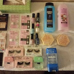 Nails, Nail Glue, Nail Polish, Eyelashes, Eyelash Glue, Deodorant, Shampoo/Conditioner, Body Wash, Hand Sanitizer