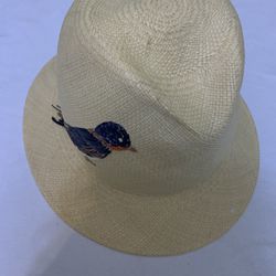 TRACY WATTS hand embroidered bird fedora Hitch Hat Straw New With Defect