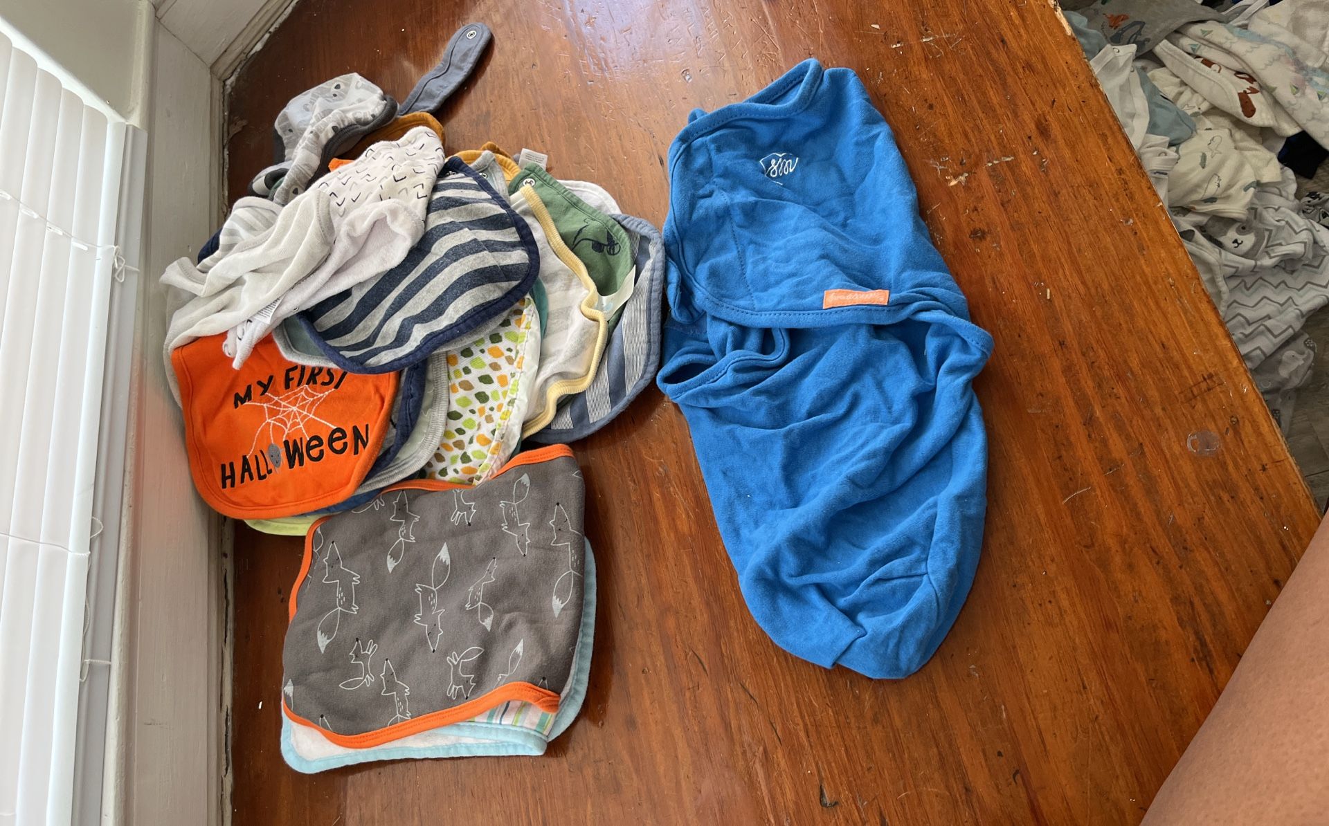 23 Bibs, Baby swaddle, 3 Burp Cloths, Wash Rag, 2 Baby Bottles With New Nipples, And Bath Robe