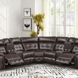 BROWN LEATHER RECLINING SECTIONAL