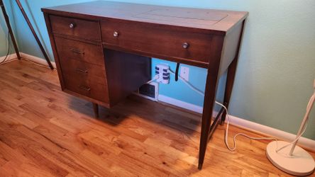Walnut MCM desk with 1968 Singer Touch & Sew 638 Sewing Machine