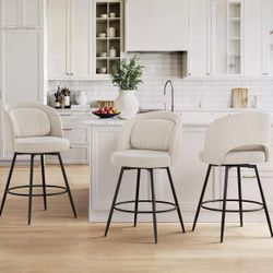 LUE BONA 26''H Swivel Bar Stools Set of 3, Counter Height Bar Stools with Backs, Lumbar Pillow and Black Metal Frames, Upholstered Morden Barstools fo