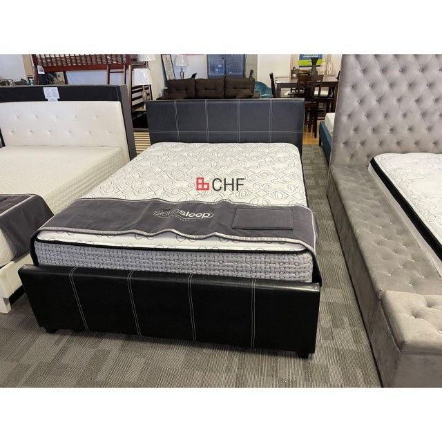 Full / Queen Polyurethane / Faux Leather Upholstered Platform Bed with Stitching Design // June Sale