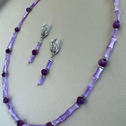Natural Amethyst & Freshwater Shell necklace set with Rhodium Earrings - purple & silver - Handmade Necklace
