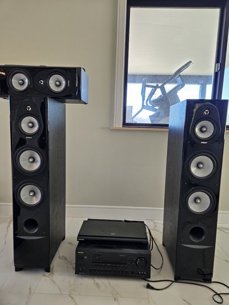 Onkyo Receiver And Energy Speakers With Center Speaker And Samsung DVD