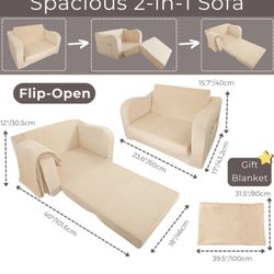 Kidsw Foam Couch with Blanket, Pre-Assembled Toddlers 2-in-1 Convertible Sofa, Indoor Foadable Lounger Chair & Flip Open Floor Bed for Boys & Girls (K