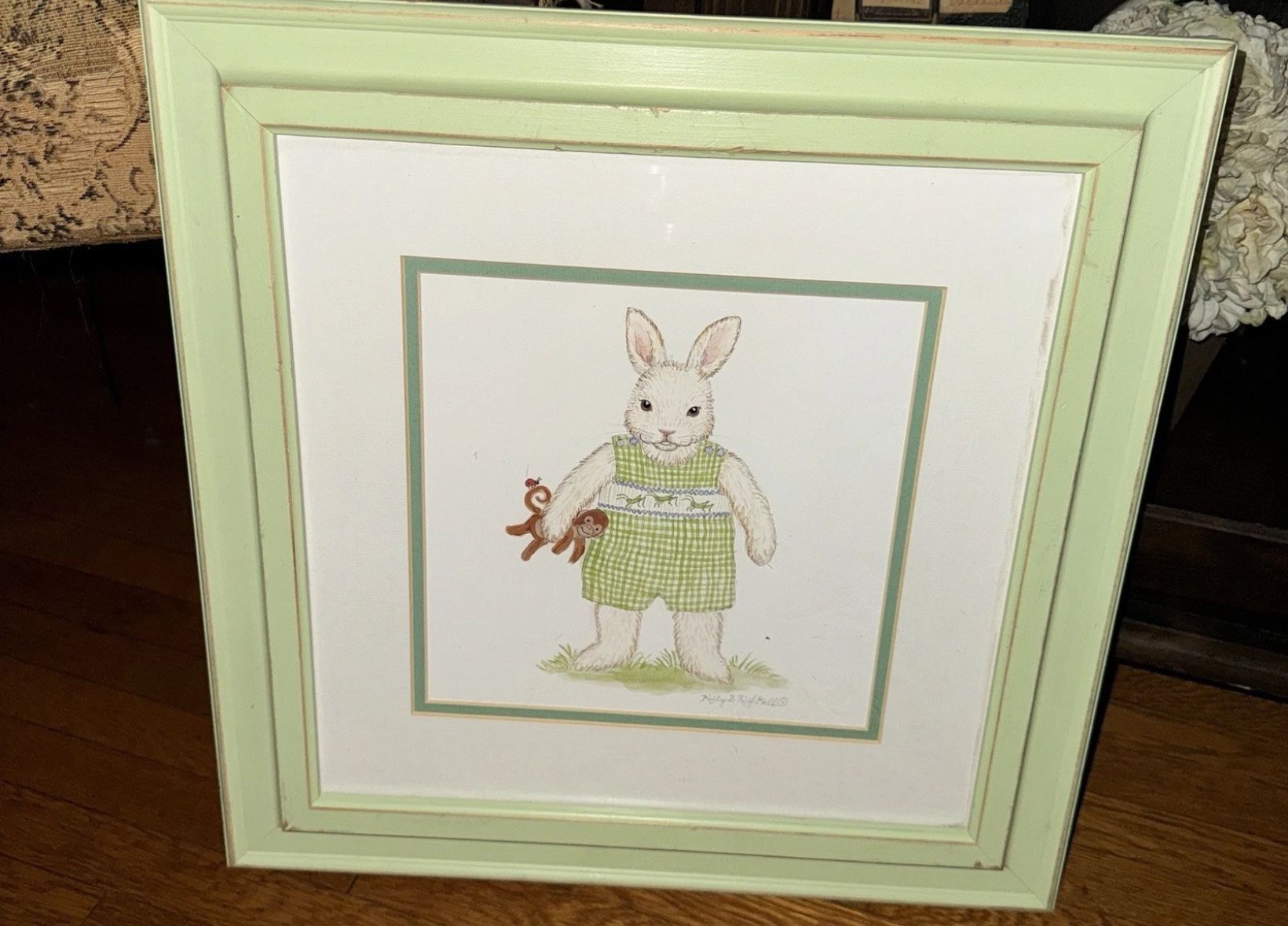 Kelly B Rightsell Nursery Art Glass Framed Bunny Rabbit Lithograph Print Signed
