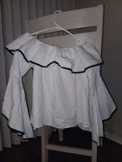 White Off-Shoulder Ruffle Top with Navy Trim