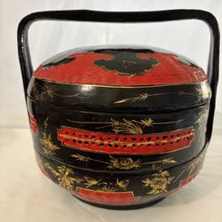Vintage Mid-Century Chinese Lacquer Wedding Basket - Chinoiserie Bamboo Box