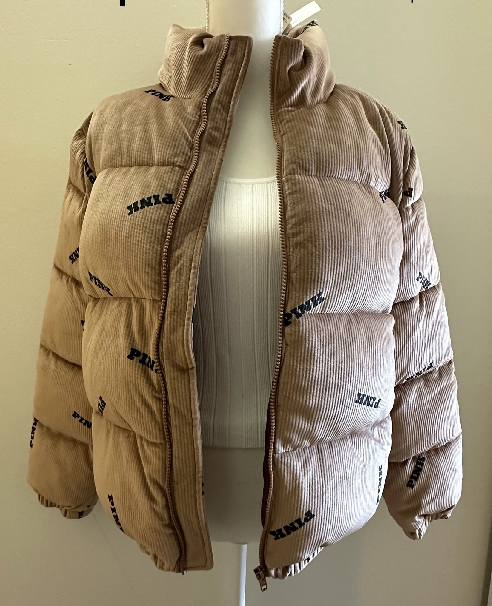 Pink Rib Velour Crop Puffer Jacket