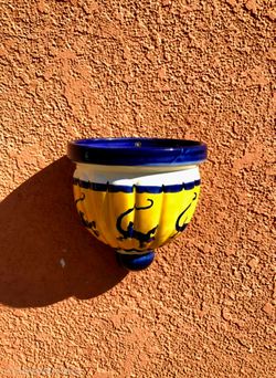 Hand-painted Mexican Talavera ceramic wall sconce and planter Blue Yellow Lizard