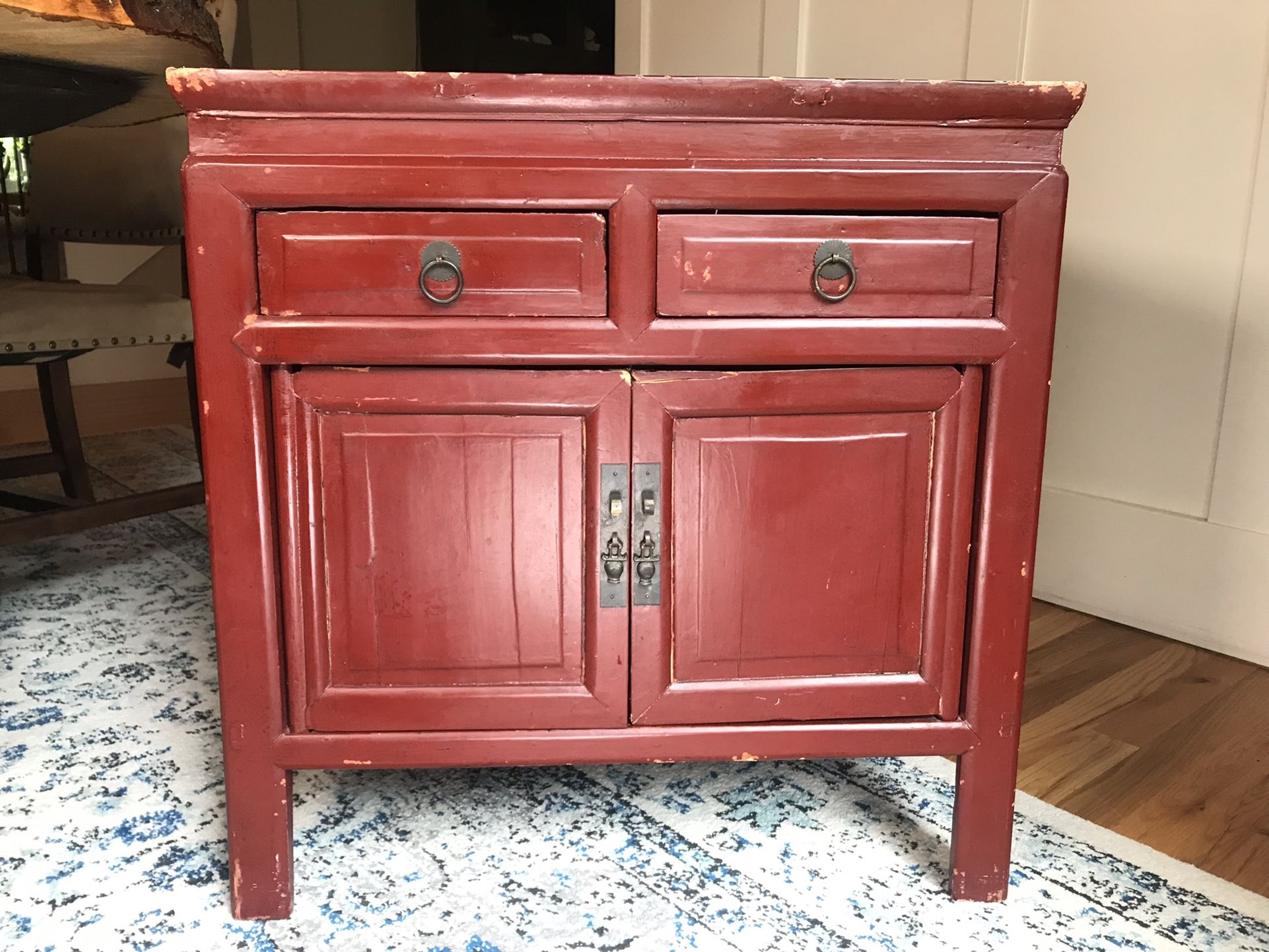 Authentic Antique Red Painted Wood Cabinet - Side Table - Nightstand