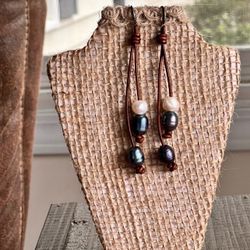 Freshwater Pearl & Leather Earrings