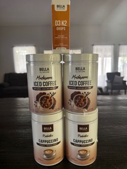 Café bella all natural de hongos frio, capuchino caliente y gotas