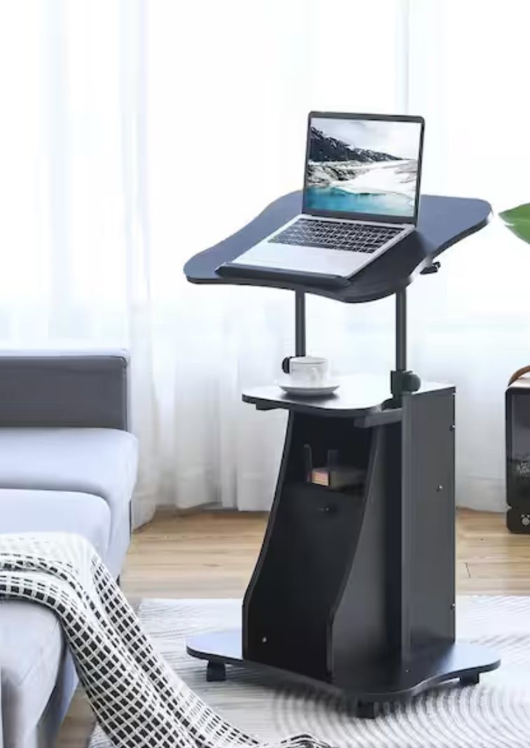 Adjustable standing desk on wheels with storage