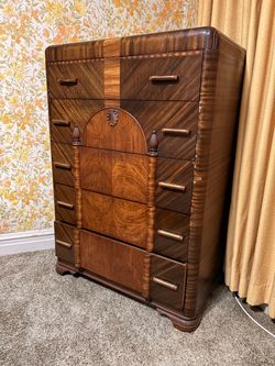 Vintage 1930s Art Deco Waterfall Highboy Dresser / Chest of Drawers
