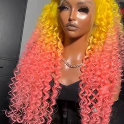 Yellow And Pink Deepwave Wig