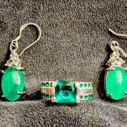 Green Sapphire w/Rhinestones 5.5 Ring+2 Jade Dangle Earring Jewelry Set New