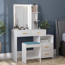 WHITE DRESSER/ VANITY SET WITH STOOL, MIRROR AND BUILT-IN LED LIGHTS WITH SMART TOUCH FOR SALE