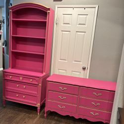 Pink Dresser And Chest With Book Shelf