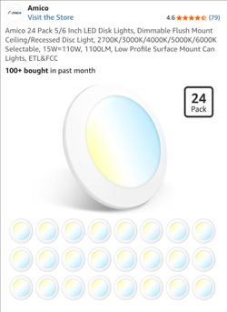 mico 24 Pack 5/6 Inch LED Disk Lights, Dimmable Flush Mount Ceiling/Recessed Disc Light, 2700K/3000K/4000K/5000K/6000K Selectable, 15W=110W, 1100LM, L