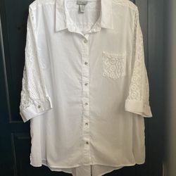 Women’s CATHERINES 100% Cotton & Lace White 3/4 Sleeve Button-Down Shirt… Size 3X