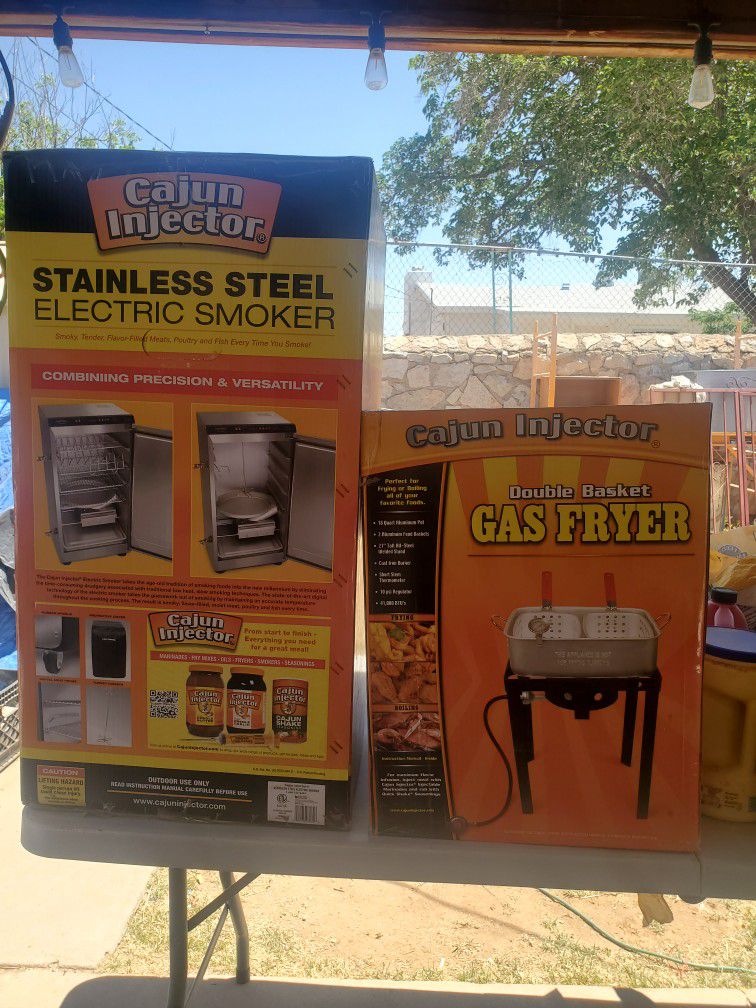 Cajun Injector Stainless Steel Electric Smoker, and Double Basket Gas Fryer