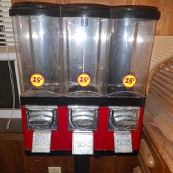 Triple-canister coin-operated gumball and candy vending machine