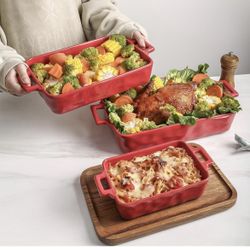 Red Ceramic Porcelain Rectangular Baking Dish Set of 3 NEW in box