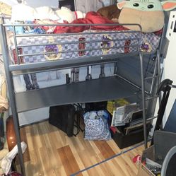 Ikea Metal Frame Loft Style Bunk Bed With  Desk And Twin Size Premium Mattress 