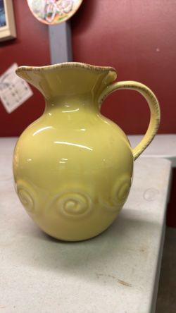 Yellow Ceramic Pitcher with Swirl Design