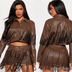 Fashion Nova Sexy 2 Piece Chocolate Brown Fringe Western Rodeo Skirt Set XS
