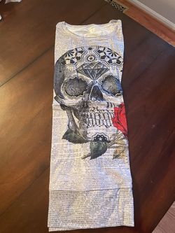 Skull And Rose Newsprint Graphic Long T Shirt Tunic Size L Sugar Skull New Halloween Top