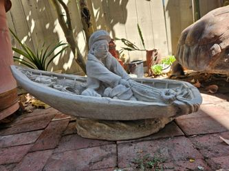 Vintage Cast Concrete Fisherman in Rowboat Garden Statue – 29"