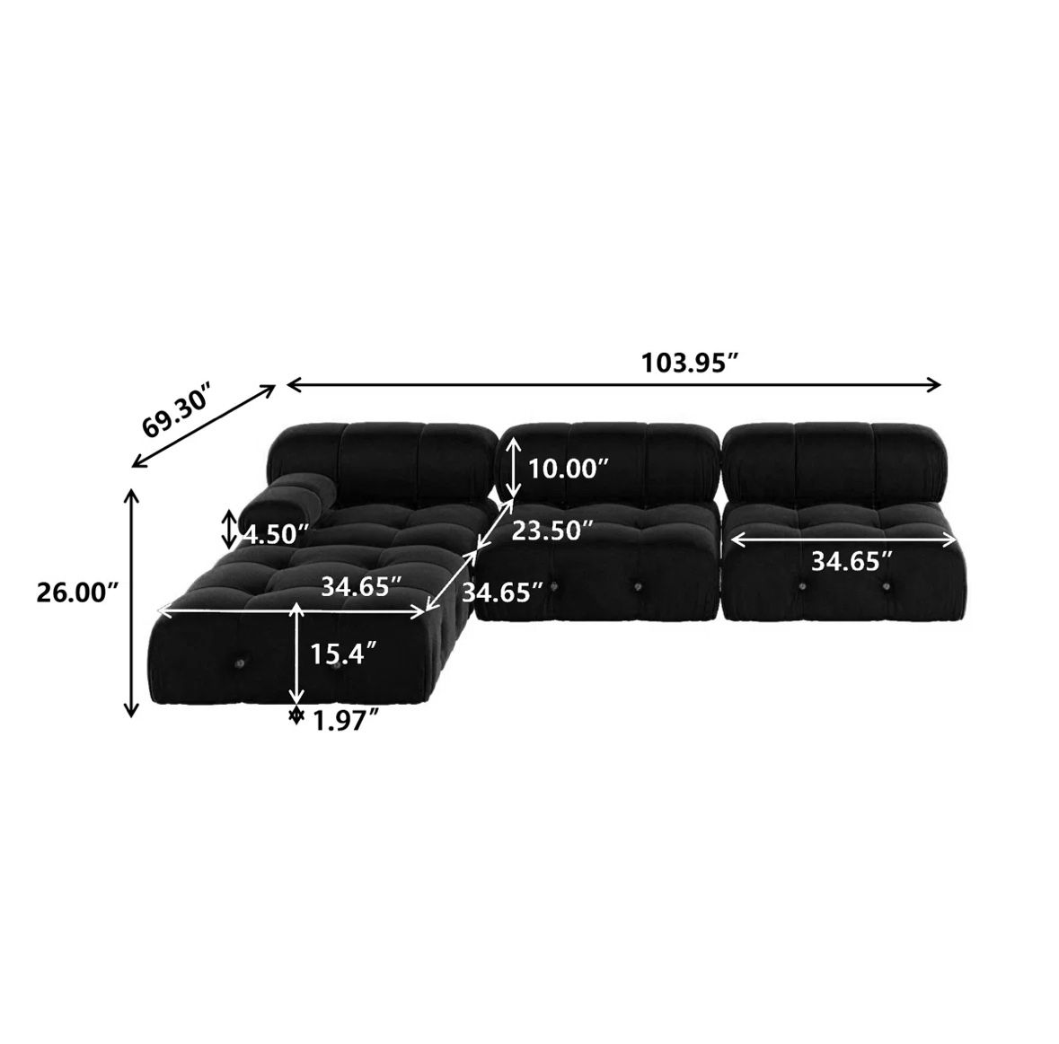 Cylar 104" Wide Velvet Reversible Modular L Shaped Sectional Sofa & Chaise with Ottoman