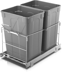 B930 $50  Pull Out Trash Can Under Cabinet, 35 QT Double Under Sink Trash Can Waste Container with with Chrome Wire Bottom Mount and Handle, Heavy Dut