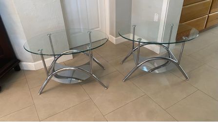 Chrome Oval Glass Top Side Tables - Pair