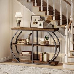 Tribesigns 41.3" Console Table, Industrial 3-Tier Entryway Table with Arched Metal Frame and Storage Shelves for Living Room, Hallway, Rustic Brown