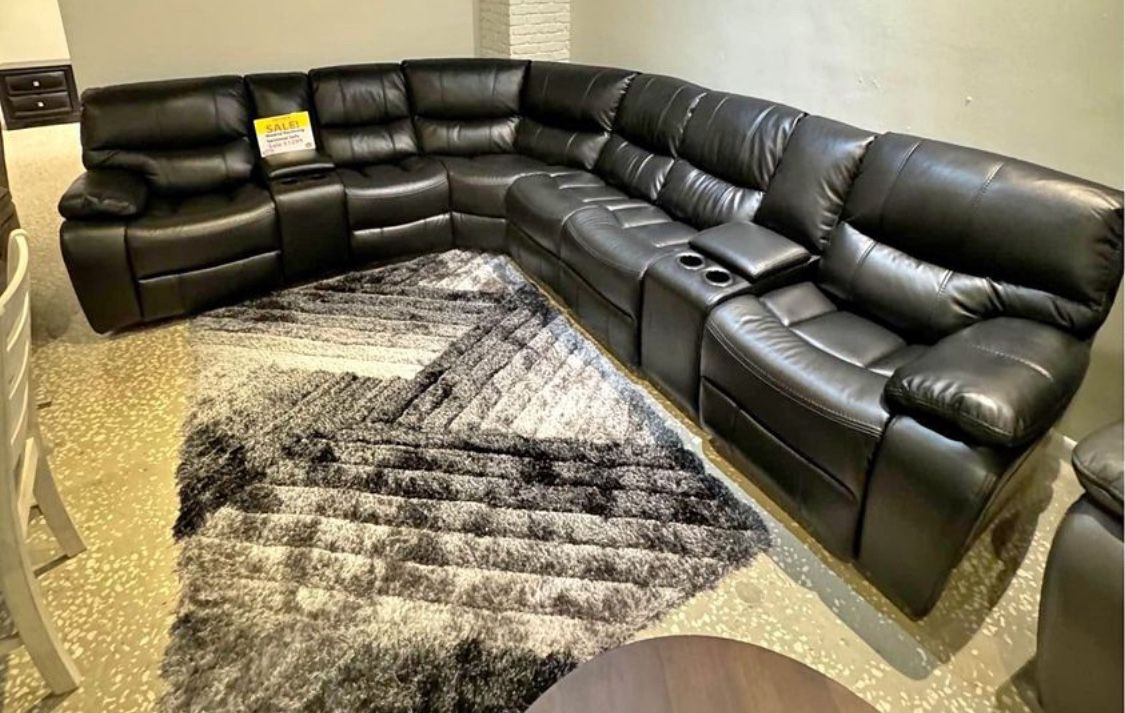 Fourth of July sale. Madrid black leather reclining sectional now $1599. Easy finance option. Same day delivery.