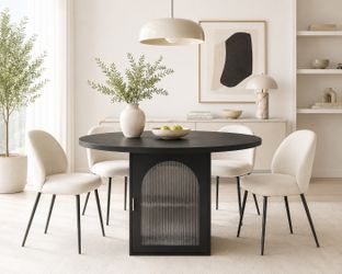 New Modern 47.2 Inch Round Dining Table with Storage, Walnut Pedestal Round Kitchen and Dining Room Table for 4–6, Ribbed Glass Doors, Space-Saving Ci