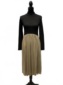 NWT Zara Black Turtleneck Knit Top Taupe Pleated Midi Dress Mixed Media Size M
