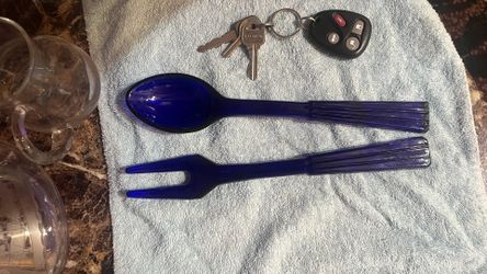 Antique Blue Cobalt Fork And Spoon. 50+ Yrs Old .And Lots Of Blue Cobalt For Sale.