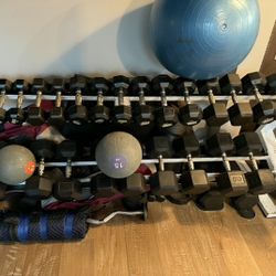 Rubber hex dumbbells 5lbs - 80lbs with  tier 2 dumbbell storage rack gym equipment exercise fitness