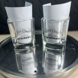 Set of 2 Jack Daniels Whiskey Square Rocks/Lowball Glasses Black & Gold Graphics