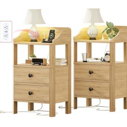 Nightstand 15.75-inch Compact Night Stand White with USB and Type-c Ports 2 Drawers and Open Shelves Small Bedside Tables