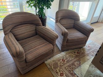 Pair of Club Armchairs Brown Striped Fabric BARREL SWIVEL POST MID CENTURY MODERN VINTAGE 80s
