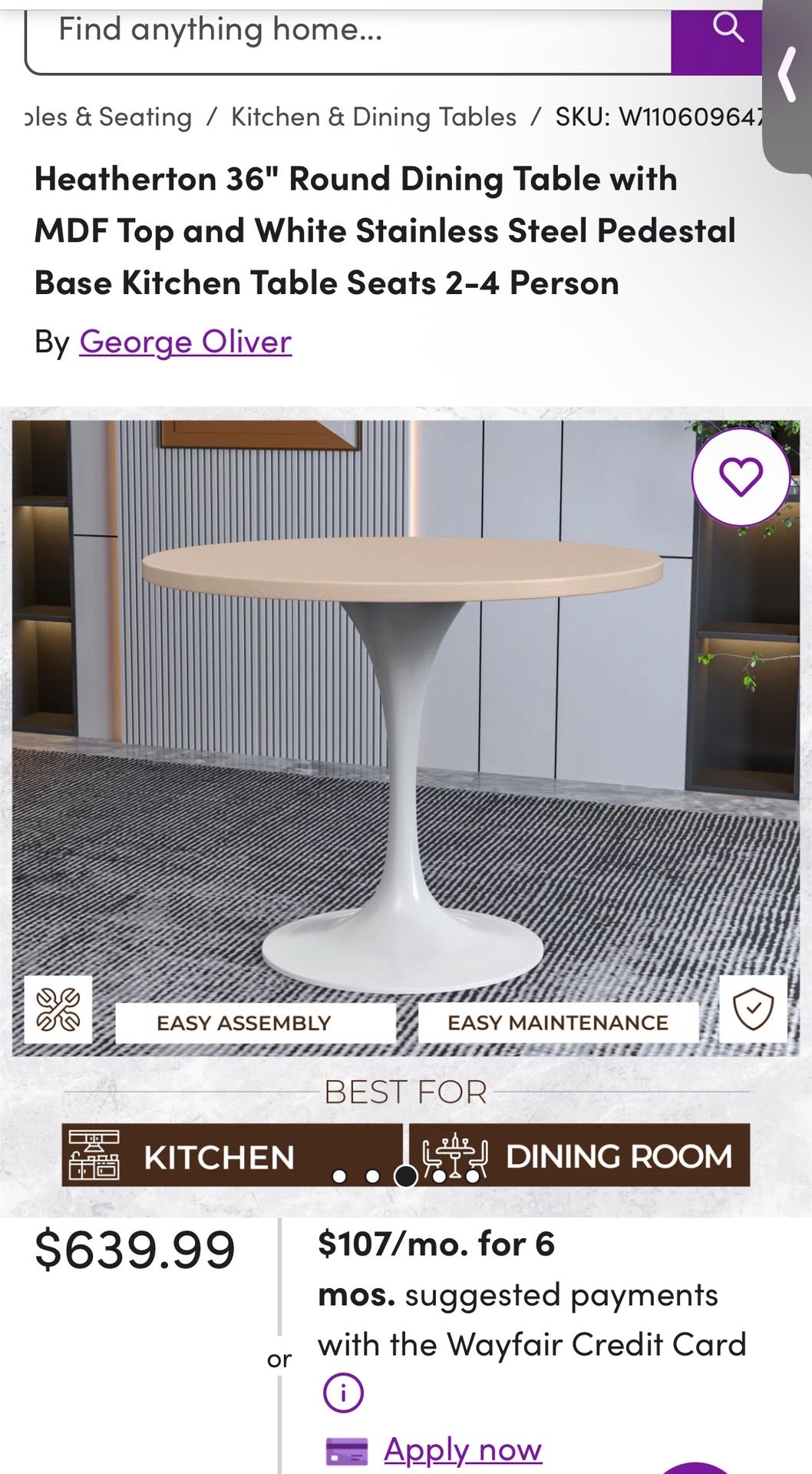 Heatherton 36" Round Dining Table with MDF Top and White Stainless Steel Pedestal Base Kitchen Table Seats 2-4 Person